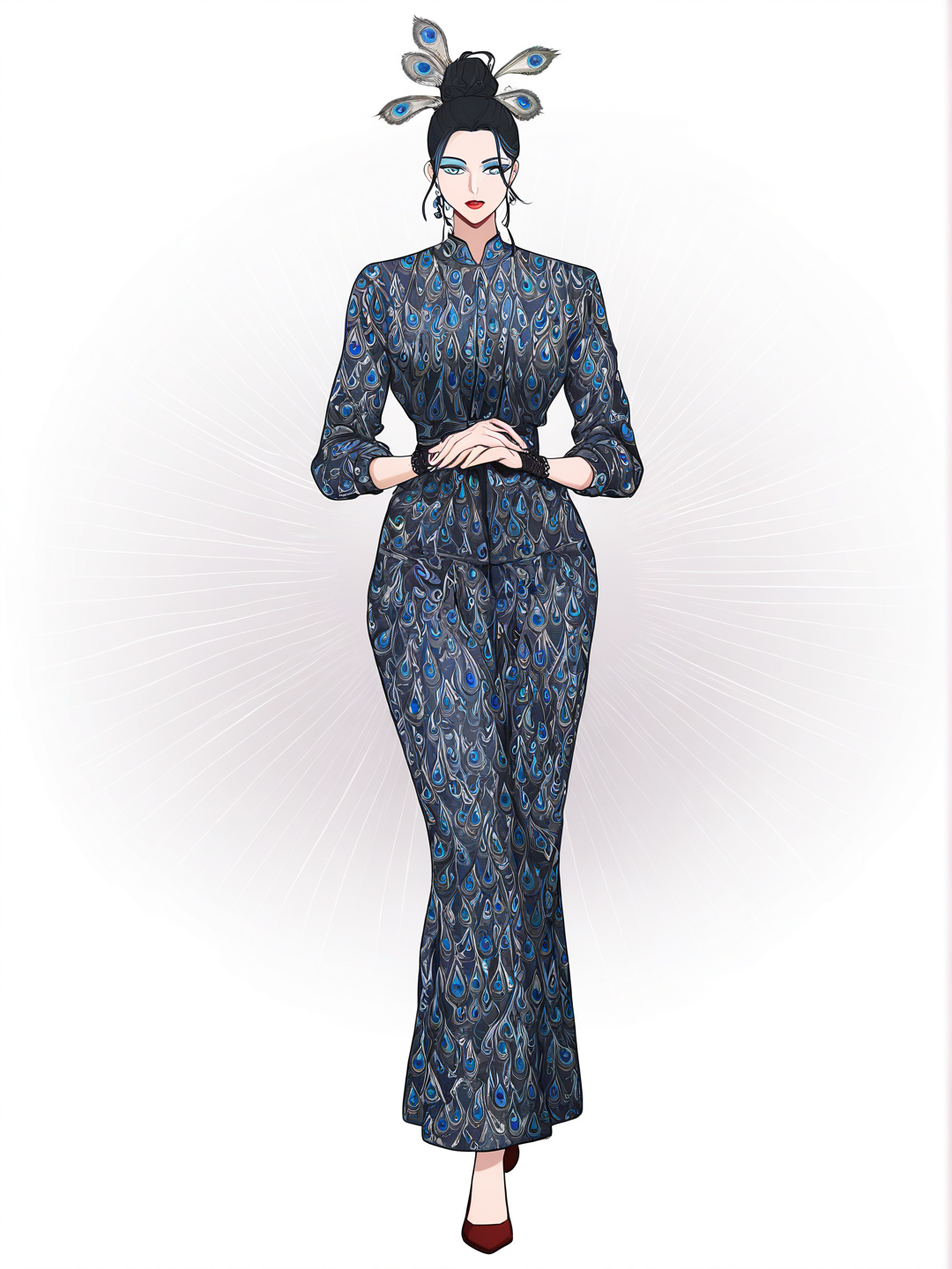 [manhwa-style]1girl, mature, black hair, hair bun, peacock feather in hair, red lipstick, blue eyeshadow, blue eyes, fashion model, single character, full body, looking at viewer, anime style, simple background, white background