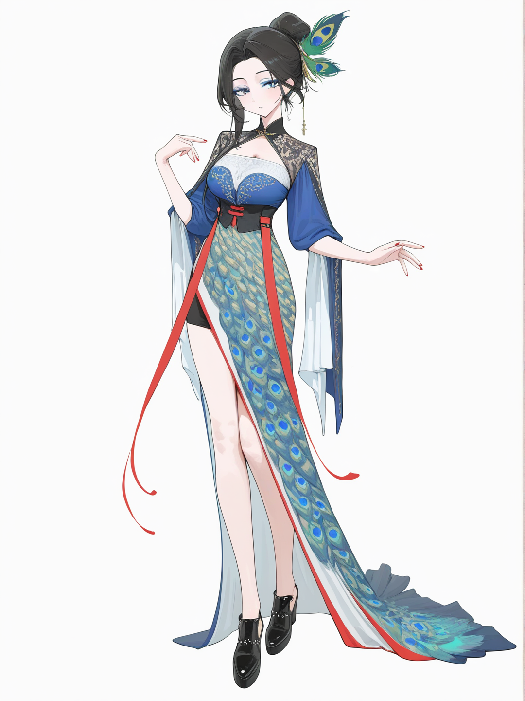 [vibrant-anime-style]1girl, mamu style, mature, black hair, hair bun, peacock feather in hair, red lipstick, blue eyeshadow, blue eyes, fashion model, single character, full body, looking at viewer, anime style, simple background, white background