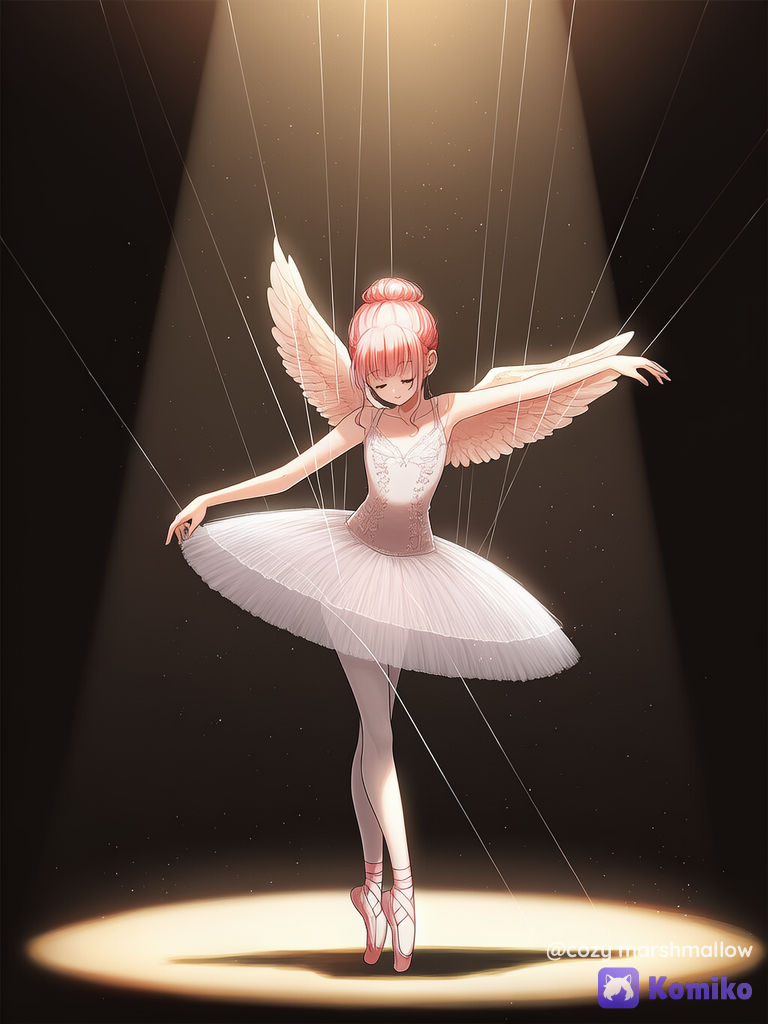 [digital-painterly-style], 1girl, dancing, бледно кожая балерина на ниточках, глаза закрыты, розовые волосы заплетены в пучок, чёлка растрёпанная, wings