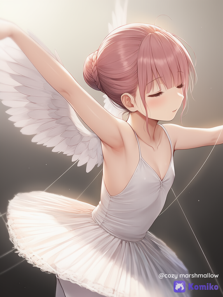 [soft-pastel-style], 1girl, dancing, бледно кожая балерина на ниточках, глаза закрыты, розовые волосы заплетены в пучок, чёлка растрёпанная, wings