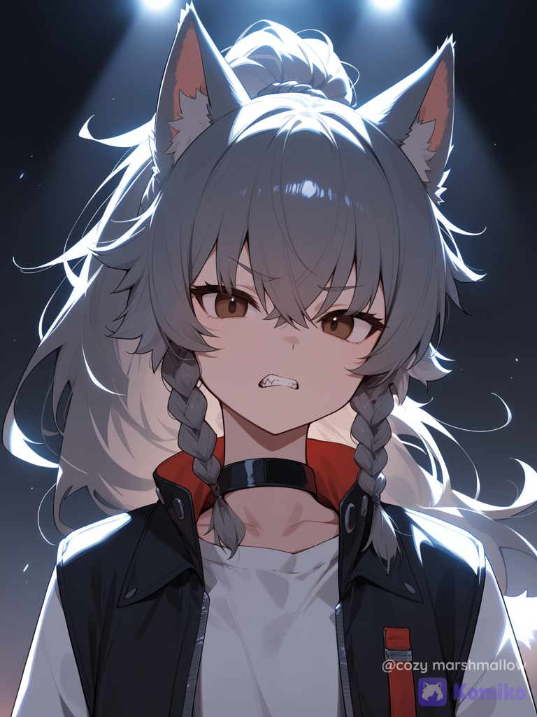 Wolf girl, gray hair braided in a high long ponytail, messy bangs, dark brown eyes, wolf ears, serious look, wolf tail, girl shows teeth, stage light