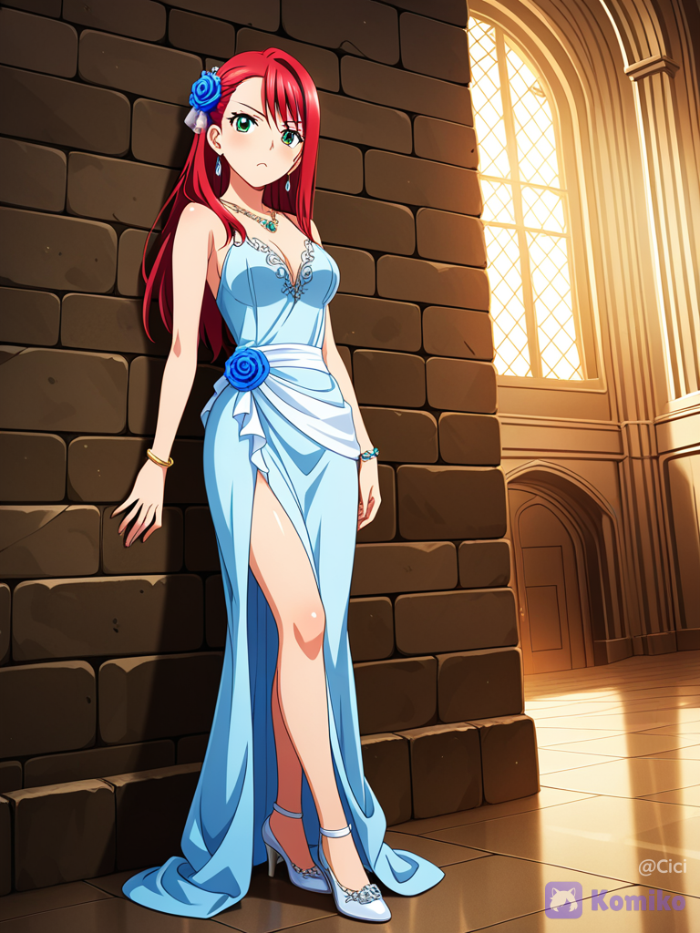 [bold-anime-screencap-style], 1girl, 20 years old, leaning against wall, frown, light blue ballgown, silk, rose embroidery, blue rose in her hair, bracelet, necklace, earrings, red hair, side part, loose hair long down her back, green eyes, heels, full body, looking at viewer, cinematic lighting, inside castle.