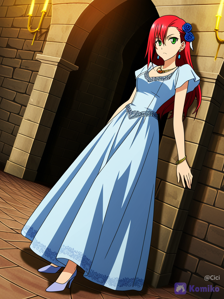 [bold-anime-screencap-style], 1girl, 20 years old, leaning against wall, frown, light blue ballgown, silk, rose embroidery, blue rose in her hair, bracelet, necklace, earrings, red hair, side part, loose hair long down her back, green eyes, heels, full body, looking at viewer, cinematic lighting, inside castle.