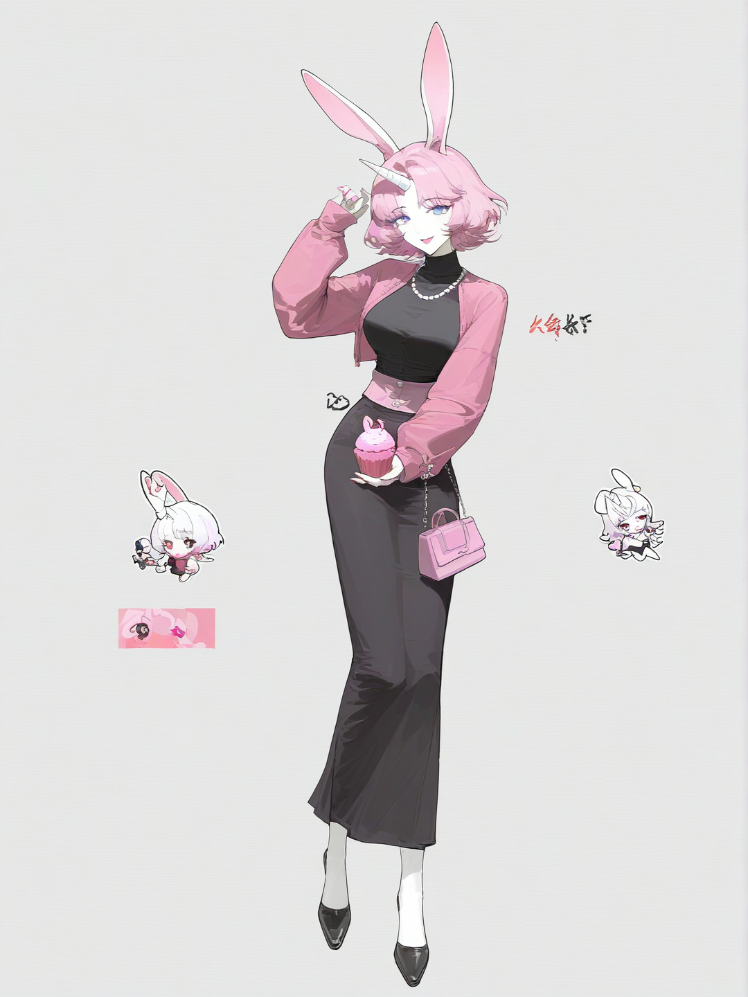 [faded-canvas-style]1girl, rabbit girl, unicorn horn, albino skin, heterochromia, blue eye, purple eye, light pink lipstick, light pink nails, short hair, dark pink hair, y2k style, black and pink clothes, black and pink accessories, holding pink cupcake, happy, mature female, single character, full body, looking at viewer, anime style, simple background, white background