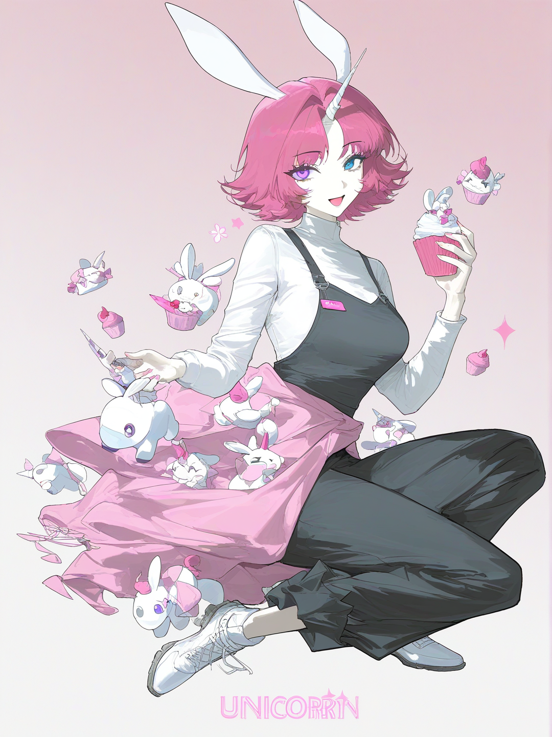 [faded-canvas-style]1girl, rabbit girl, unicorn horn, albino skin, heterochromia, blue eye, purple eye, light pink lipstick, light pink nails, short hair, dark pink hair, y2k style, black and pink clothes, black and pink accessories, holding pink cupcake, happy, mature female, single character, full body, looking at viewer, anime style, simple background, white background