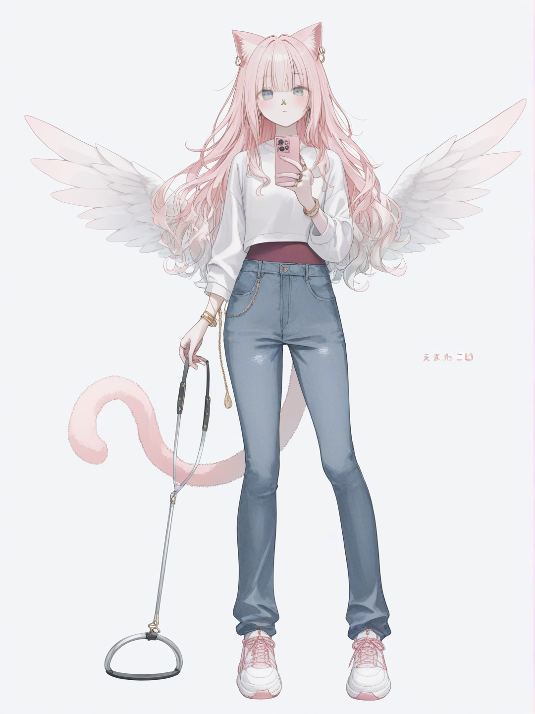 [soft-pastel-style], 1girl, light green skin, cat ears, cat tail, pegasus wings, light red hair, long wavy hair, dark turquoise eyes, nose piercing, gold bracelet, dark red bodysuit, dark blue jeans, blue and gold sneakers, holding cellphone, pink and gold cellphone, ring light, single character, full body, looking at viewer, anime style, simple background, white background, tall, earrings