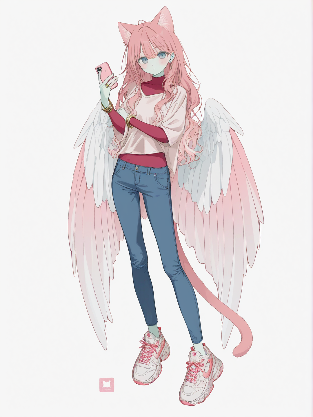 [soft-pastel-style], 1girl, light green skin, cat ears, cat tail, pegasus wings, light red hair, long wavy hair, dark turquoise eyes, nose piercing, gold bracelet, dark red bodysuit, dark blue jeans, blue and gold sneakers, holding cellphone, pink and gold cellphone, ring light, single character, full body, looking at viewer, anime style, simple background, white background, tall, earrings