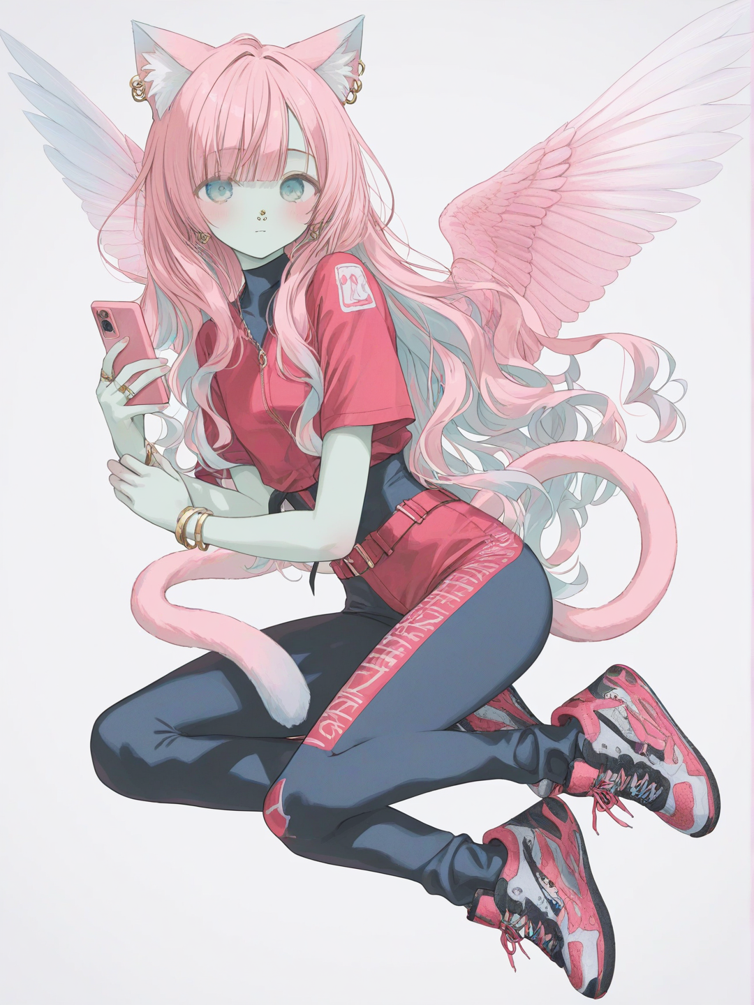 [soft-pastel-style], 1girl, light green skin, cat ears, cat tail, pegasus wings, light red hair, long wavy hair, dark turquoise eyes, nose piercing, gold bracelet, dark red bodysuit, dark blue jeans, blue and gold sneakers, holding cellphone, pink and gold cellphone, ring light, single character, full body, looking at viewer, anime style, simple background, white background, tall, earrings
