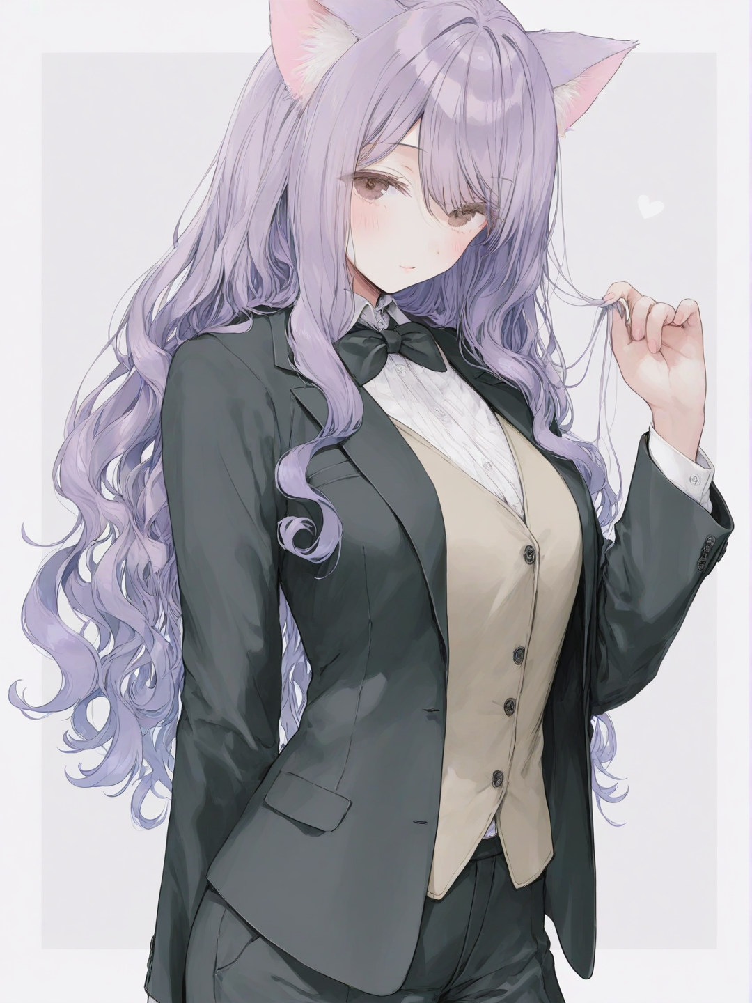 [sweet-pastel-style], 1girl, mature, slim, purple hair, long hair, curly hair, brown eyes, olive skin, vest, suit pants, suit, lace, bow tie, jewelry, cat ears, scarf