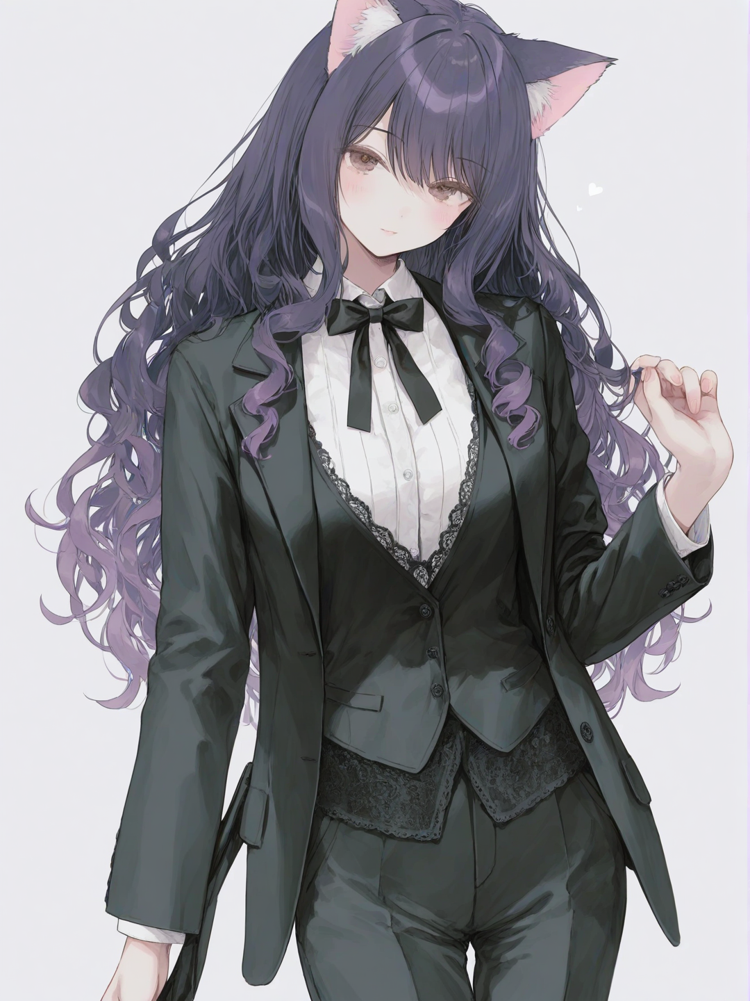 [sweet-pastel-style], 1girl, mature, slim, purple hair, long hair, curly hair, brown eyes, olive skin, vest, suit pants, suit, lace, bow tie, jewelry, cat ears, scarf