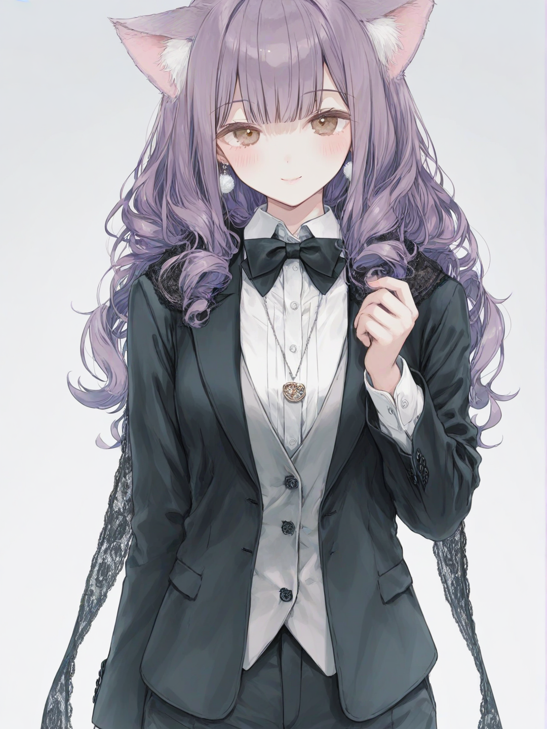 [sweet-pastel-style], 1girl, mature, slim, purple hair, long hair, curly hair, brown eyes, olive skin, vest, suit pants, suit, lace, bow tie, jewelry, cat ears, scarf