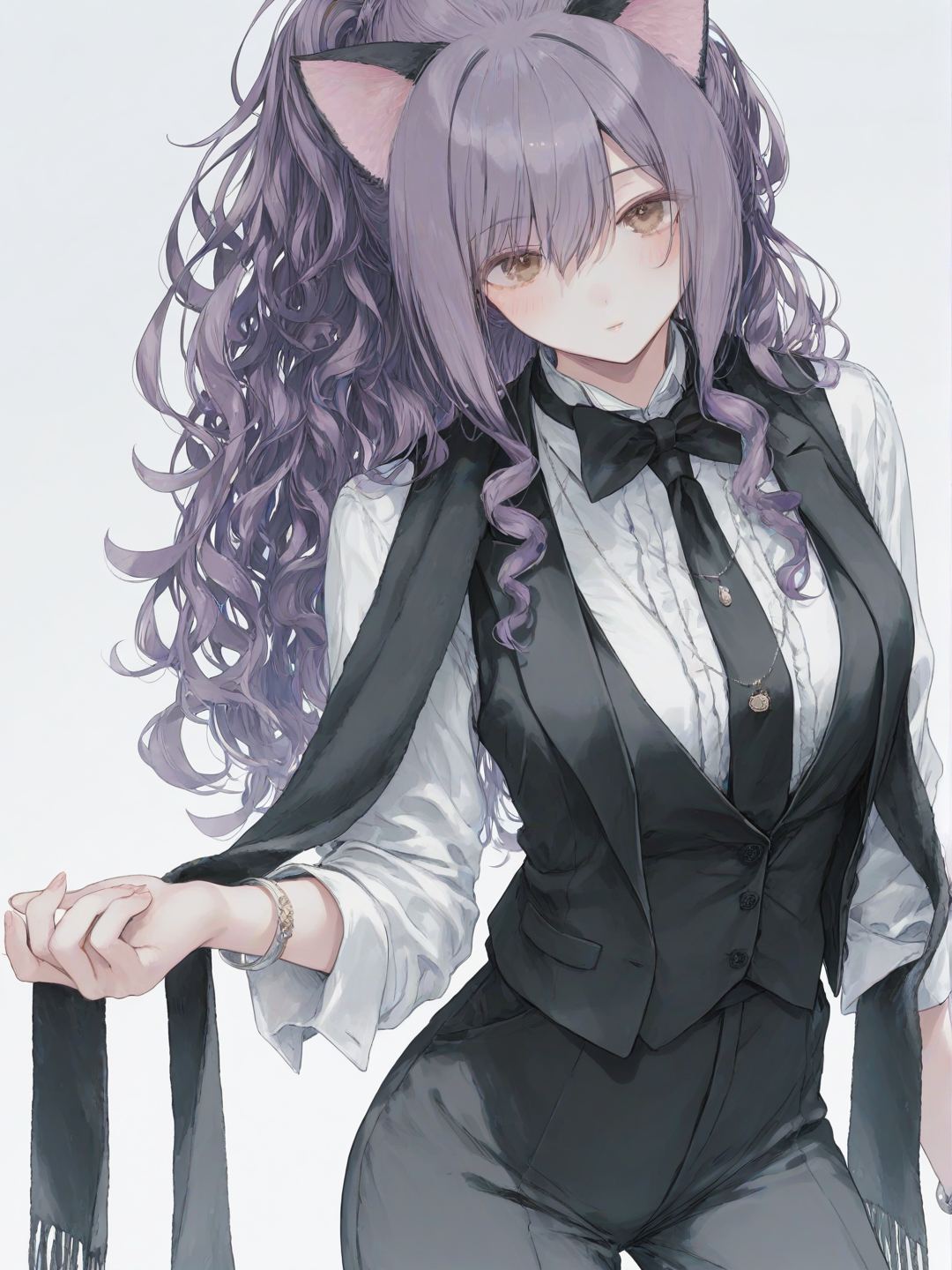 [sweet-pastel-style], 1girl, mature, slim, purple hair, long hair, curly hair, brown eyes, olive skin, vest, suit pants, suit, lace, bow tie, jewelry, cat ears, scarf