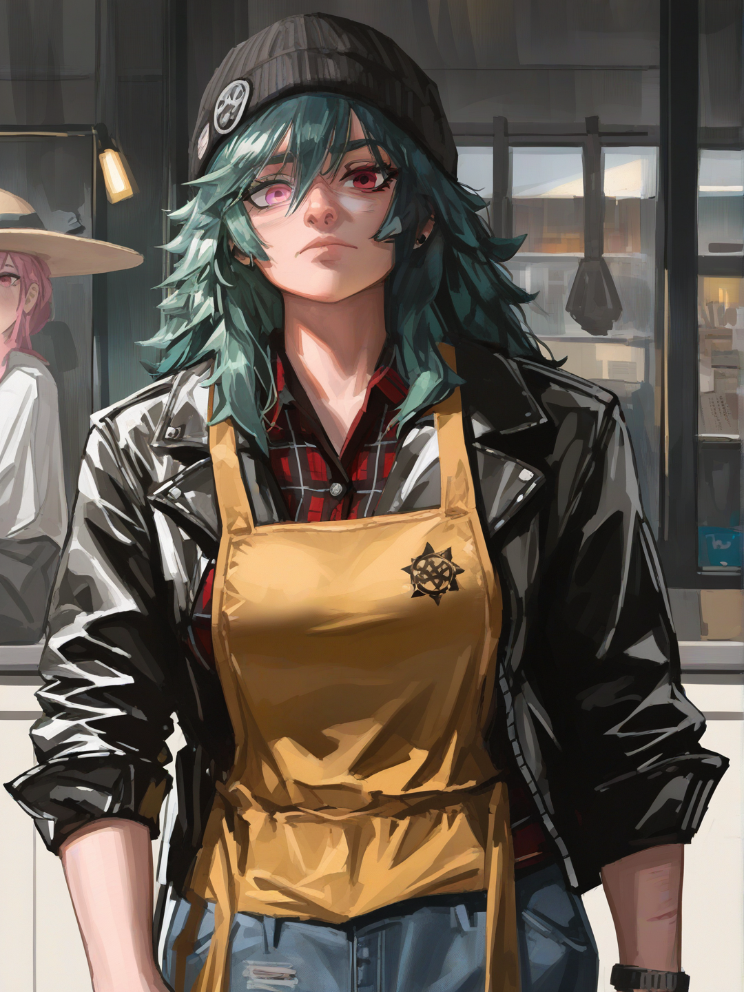 [radiant-coating-style], 1girl, mature, stocky, green hair, pink eyes, red eyes, scar, tan skin, punk leather jacket, plaid shirt, jeans, cargo pants, wide-leg pants, apron, raincoat, tassels, pearls, beanie, sun hat