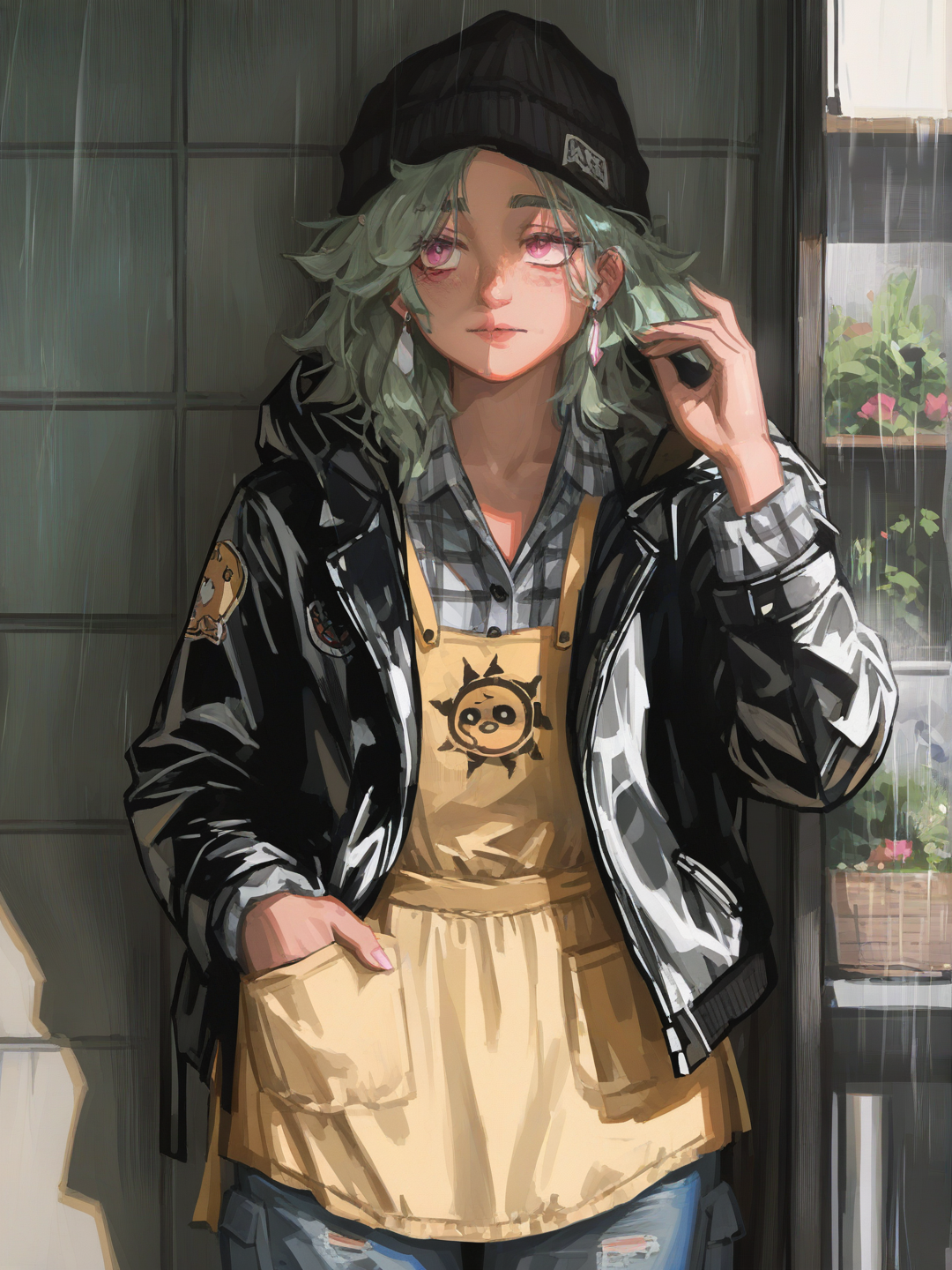 [radiant-coating-style], 1girl, mature, stocky, green hair, pink eyes, red eyes, scar, tan skin, punk leather jacket, plaid shirt, jeans, cargo pants, wide-leg pants, apron, raincoat, tassels, pearls, beanie, sun hat