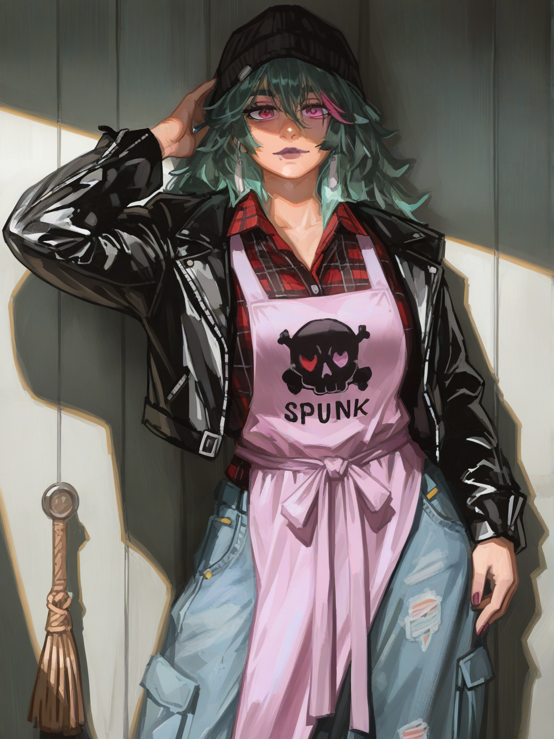 [radiant-coating-style], 1girl, mature, stocky, green hair, pink eyes, red eyes, scar, tan skin, punk leather jacket, plaid shirt, jeans, cargo pants, wide-leg pants, apron, raincoat, tassels, pearls, beanie, sun hat