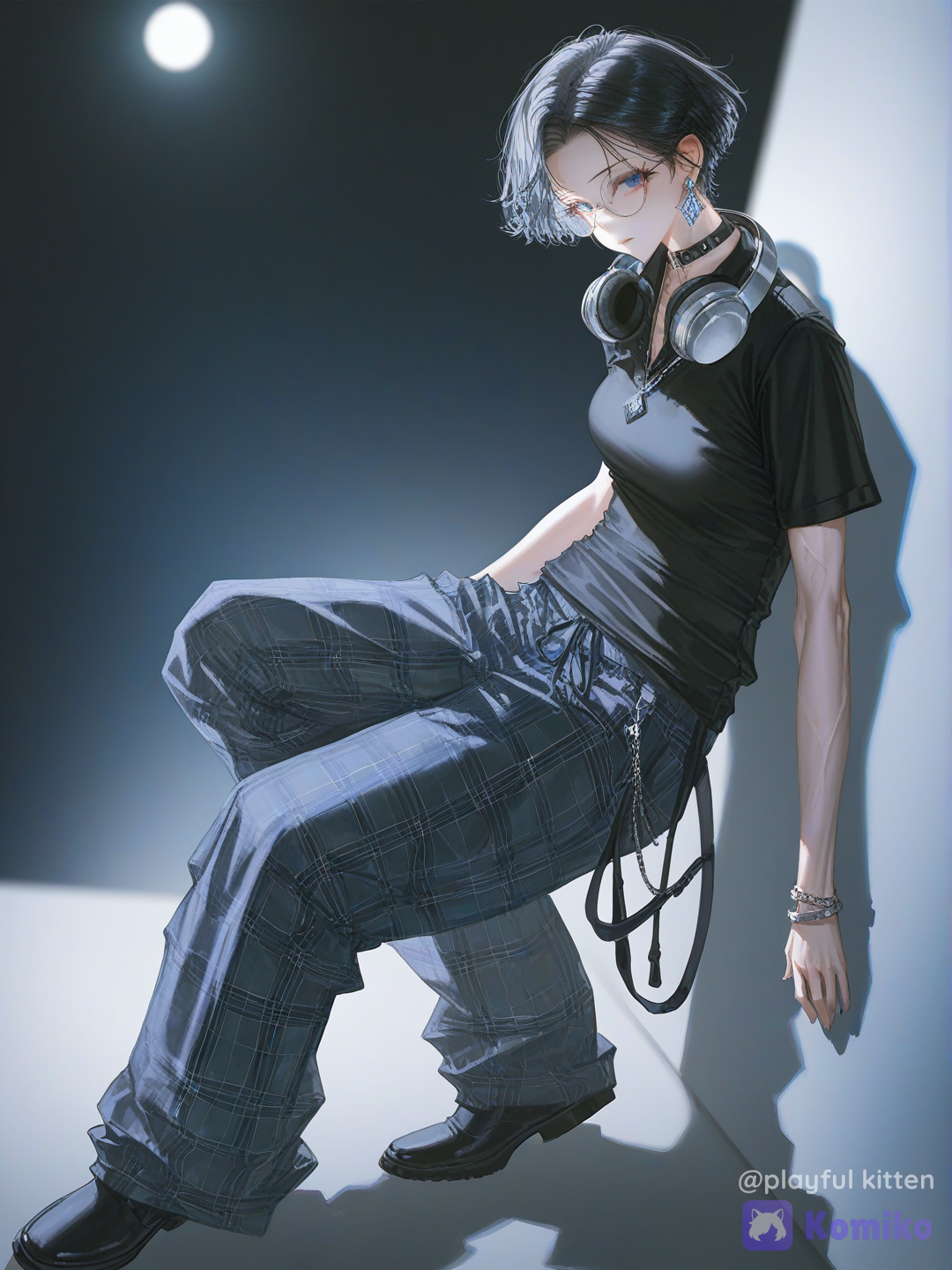 @dave-josh-pi8N, ultimate creation, 8k,best,cool calm pose, full body, leaning against wall, the moon studio, [soft-light-illustration-style]