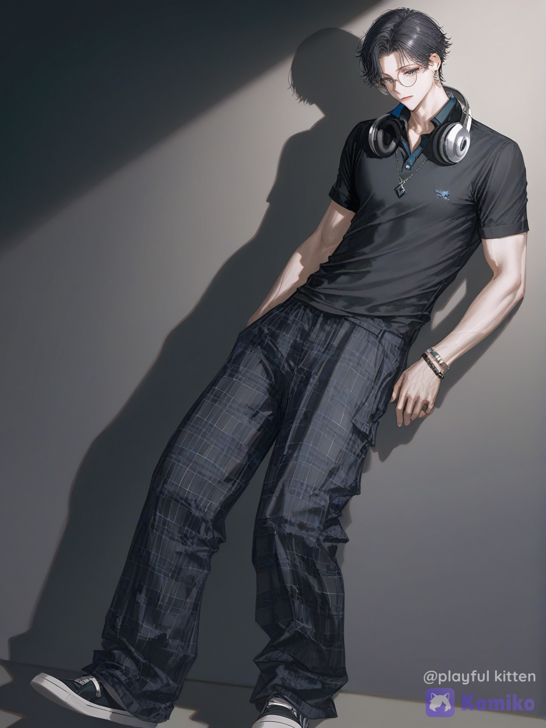 @dave-josh-pi8N, ultimate creation, 8k,best,cool calm pose, full body, leaning against wall, the moon studio, [soft-light-illustration-style]