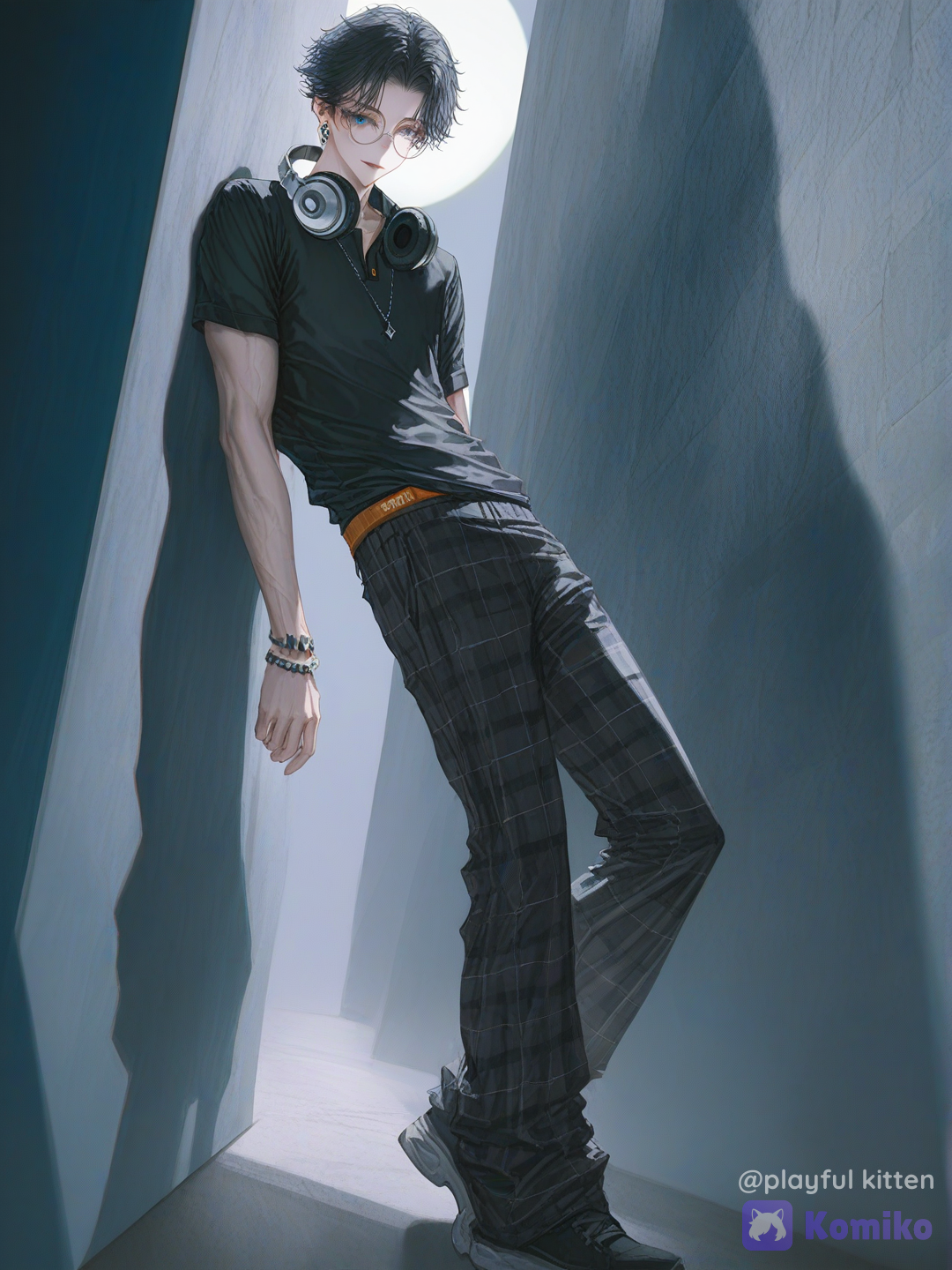 ultimate creation, 8k,best,cool calm pose, full body, leaning against wall, the moon studio, [soft-light-illustration-style], @dave-josh-pi8N