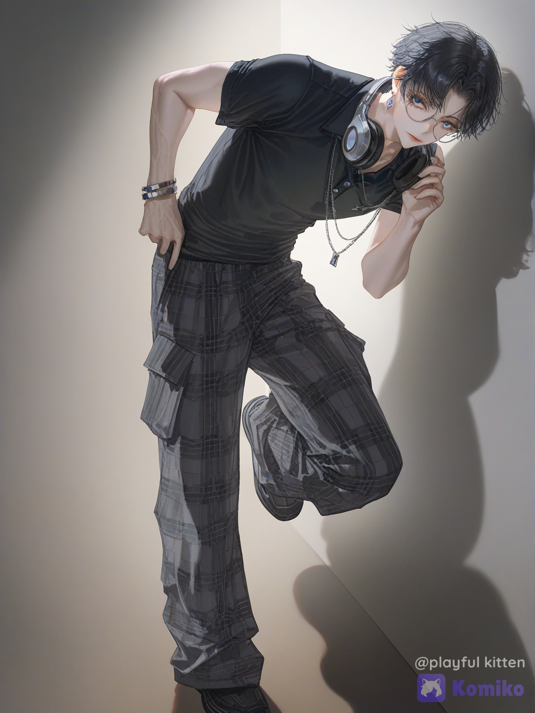 @dave-josh-pi8N, ultimate creation, 8k,best,cool calm pose, full body, leaning against wall, the moon studio, [soft-light-illustration-style]