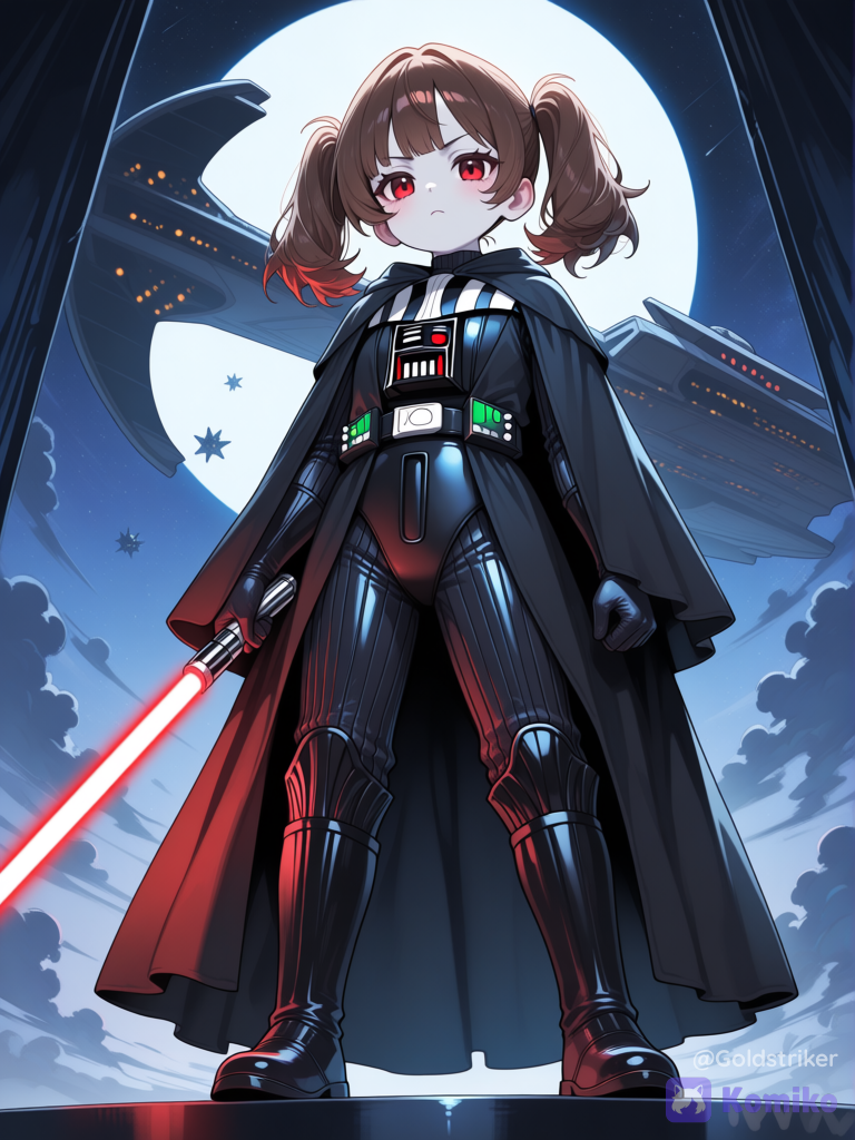 1girl, child, cute, pale skin, black veins, kawaii, brown hair, twin tails, red eyes, serious, black mask, Darth Vader outfit, black outfit, black cloak, holding light saber, red light saber, epic pose, from below, starship, [glossy-anime-style]