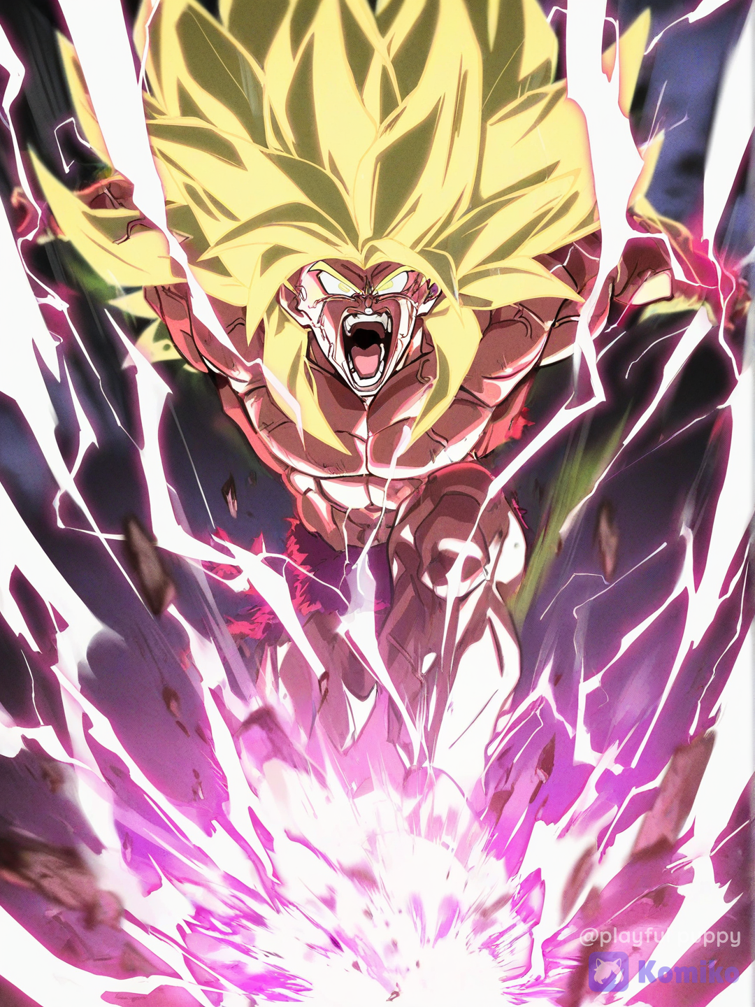 O Broly lendário super saiyajin 3 ele está com Goku nas mãos o Goku já derrotado na mão do Broly ficou sua hora muito mais ameaçadora com a sua energia muito poderosa com muita luz e estiver ali entre os irmãos, [sharp-line-anime-style]eles verão falha de muito poderoso e muito e muito ameaçador ele conseguiu derrotar todos os guerreiros é efeitos especiais