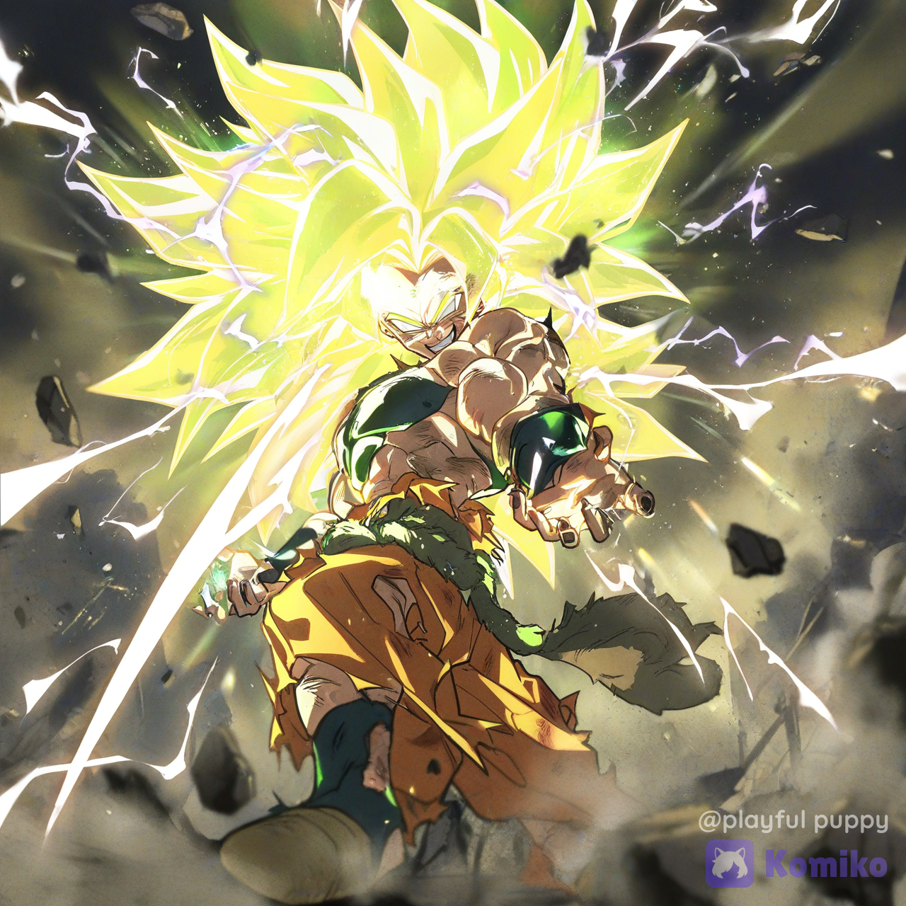 O Broly lendário super saiyajin 3 ele está com Goku nas mãos o Goku já derrotado na mão do Broly ficou sua hora muito mais ameaçadora com a sua energia muito poderosa com muita luz e estiver ali entre os irmãos, [sharp-line-anime-style]eles verão falha de muito poderoso e muito e muito ameaçador ele conseguiu derrotar todos os guerreiros é efeitos especiais