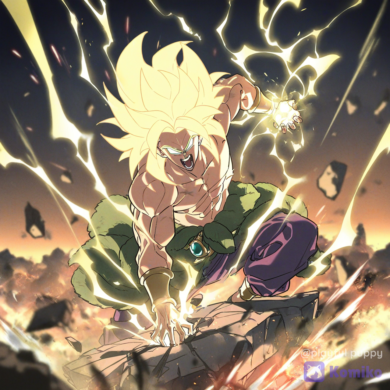 O Broly,lendário super saiyajin 3,ele está com,Goku nas mãos o Goku já derrotado,na mão do Broly ficou sua hora muito mais ameaçadora com a sua energia muito poderosa com muita luz e estiver ali entre os irmãos, [sharp-line-anime-style]eles verão falha de muito poderoso e muito e muito ameaçador ele conseguiu derrotar todos os guerreiros é efeitos especiais