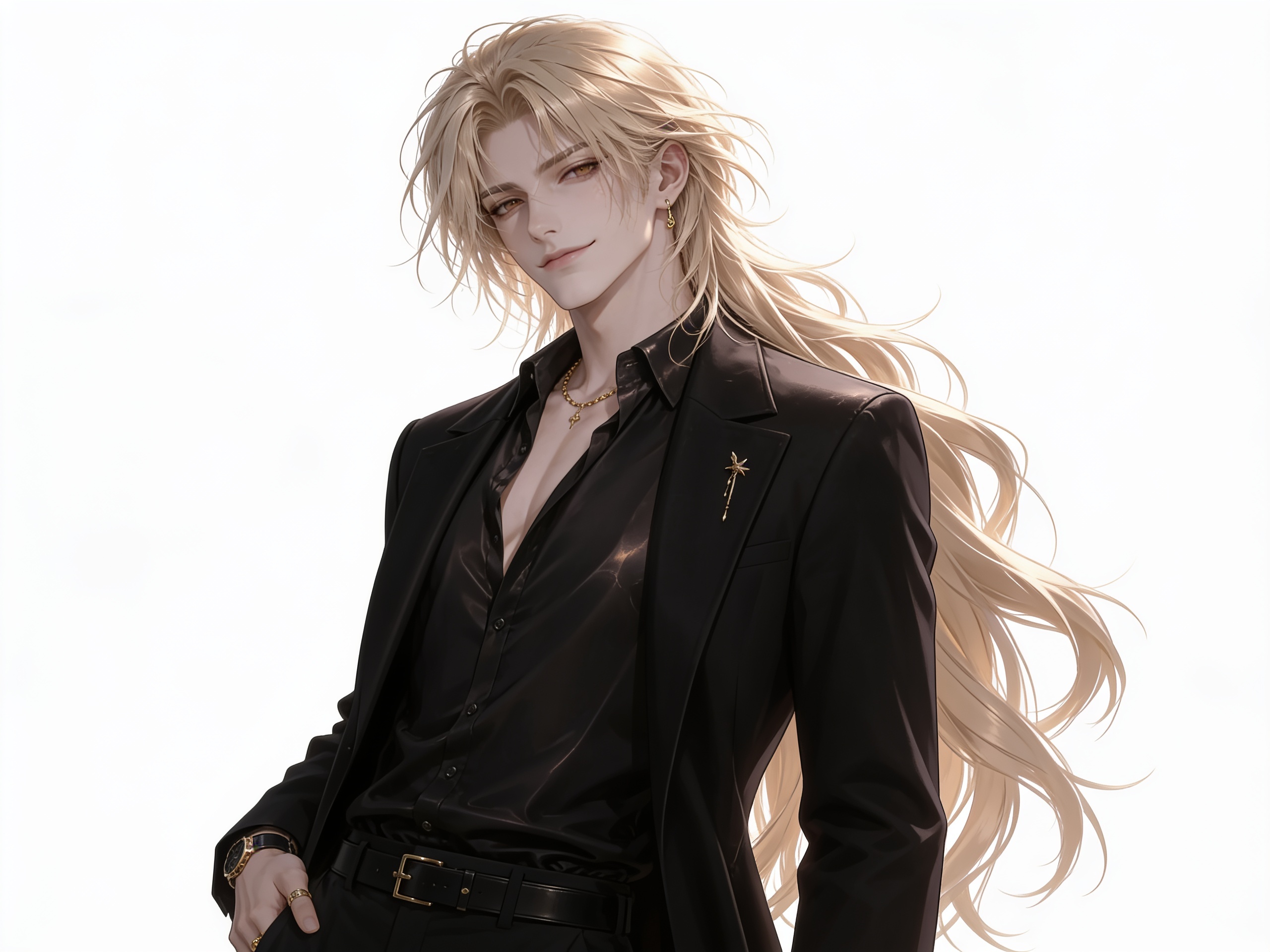 1boy, adult male, professional model, luxury fashion model, upper body, head to waist, chest up, elegant pose, three-quarter pose, frontal pose, face focus, hair focus, shoulders, clothing, confident expression, charismatic, self-assured, smug smile, relaxed, commanding presence, handsome face, mature face, masculine features, refined features, elegant proportions, sharp features, defined jawline, graceful jawline, straight nose, prominent cheekbones, full lips, light brown eyes, honey eyes, beige eyes, luminous eyes, golden brown eyes, sharp eyes, expressive eyes, long eyelashes, long hair, silky blonde hair, luxurious hair, layered hair, voluminous hair, face-framing hair, thick hair, hair flowing down back, pure blonde, smooth hair, reflective hair, tousled hair, fair skin, clear skin, smooth skin, polished skin, luminous skin, tall, elegant build, masculine build, broad shoulders, graceful neck, model physique, high-fashion, luxury streetwear, editorial menswear, fitted shirt, black silk shirt, black satin shirt, open collar, tailored overcoat, black overcoat, charcoal overcoat, designer overcoat, modern silhouette, gold chain, gold rings, luxury watch, earrings, black belt, gold accent, minimalist pin, brooch, cinematic lighting, editorial presentation, premium anime rendering, polished aesthetic, dramatic anime presence, single character, looking at viewer, anime style, anime style