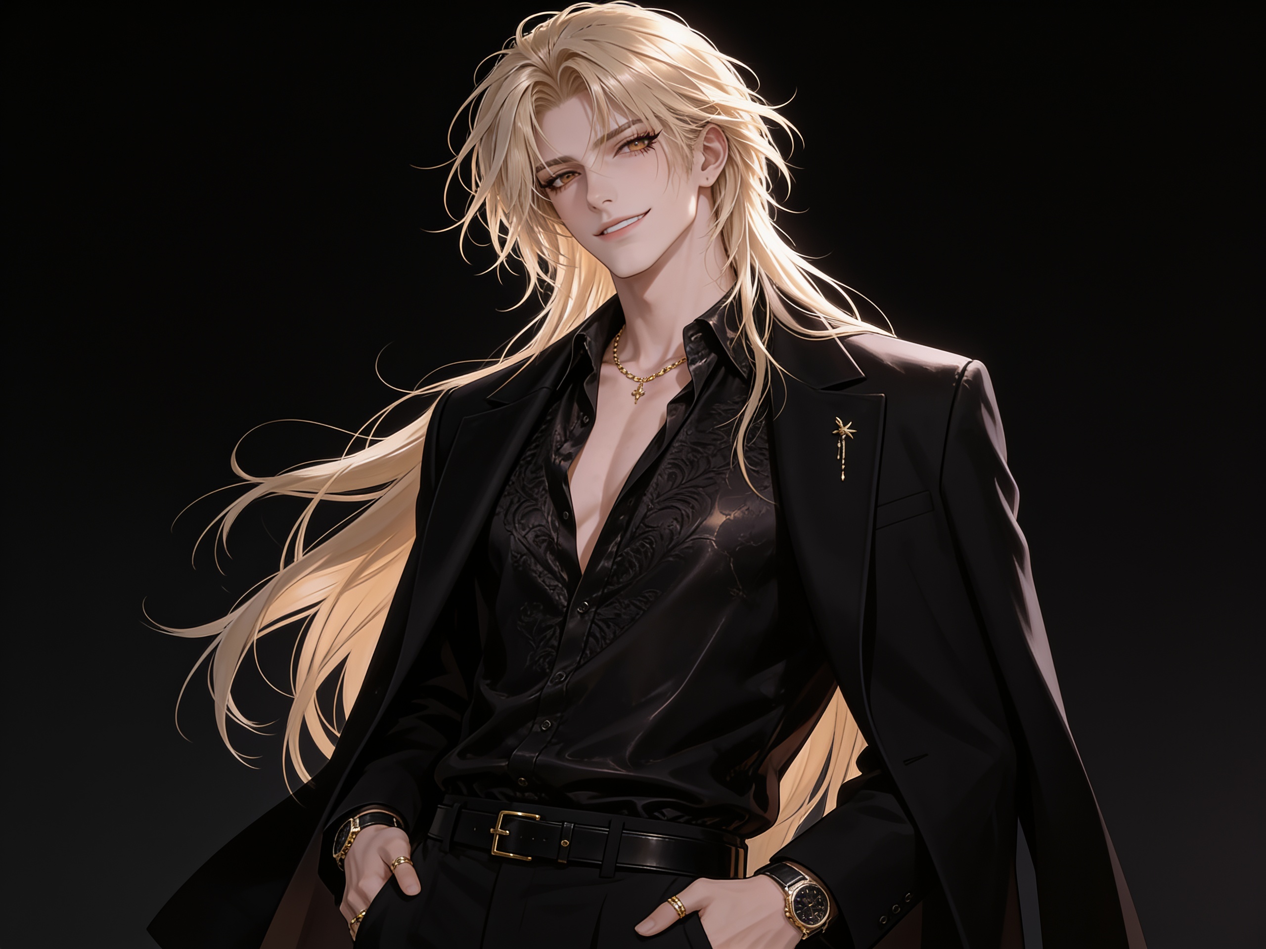 1boy, adult male, professional model, luxury fashion model, upper body, head to waist, chest up, elegant pose, three-quarter pose, frontal pose, face focus, hair focus, shoulders, clothing, confident expression, charismatic, self-assured, smug smile, relaxed, commanding presence, handsome face, mature face, masculine features, refined features, elegant proportions, sharp features, defined jawline, graceful jawline, straight nose, prominent cheekbones, full lips, light brown eyes, honey eyes, beige eyes, luminous eyes, golden brown eyes, sharp eyes, expressive eyes, long eyelashes, long hair, silky blonde hair, luxurious hair, layered hair, voluminous hair, face-framing hair, thick hair, hair flowing down back, pure blonde, smooth hair, reflective hair, tousled hair, fair skin, clear skin, smooth skin, polished skin, luminous skin, tall, elegant build, masculine build, broad shoulders, graceful neck, model physique, high-fashion, luxury streetwear, editorial menswear, fitted shirt, black silk shirt, black satin shirt, open collar, tailored overcoat, black overcoat, charcoal overcoat, designer overcoat, modern silhouette, gold chain, gold rings, luxury watch, earrings, black belt, gold accent, minimalist pin, brooch, cinematic lighting, editorial presentation, premium anime rendering, polished aesthetic, dramatic anime presence, single character, looking at viewer, anime style, anime style