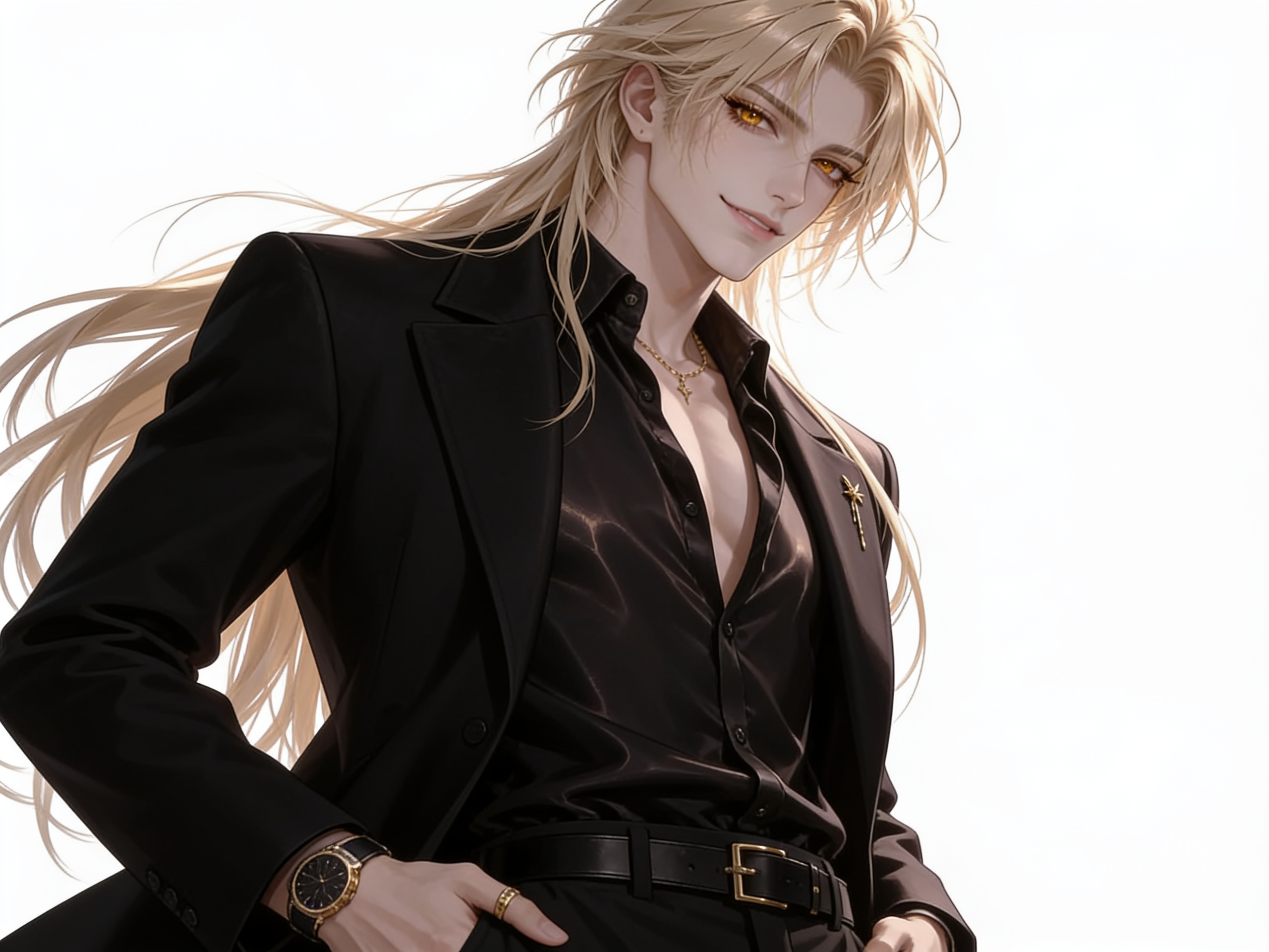 1boy, adult male, professional model, luxury fashion model, upper body, head to waist, chest up, elegant pose, three-quarter pose, frontal pose, face focus, hair focus, shoulders, clothing, confident expression, charismatic, self-assured, smug smile, relaxed, commanding presence, handsome face, mature face, masculine features, refined features, elegant proportions, sharp features, defined jawline, graceful jawline, straight nose, prominent cheekbones, full lips, light brown eyes, honey eyes, beige eyes, luminous eyes, golden brown eyes, sharp eyes, expressive eyes, long eyelashes, long hair, silky blonde hair, luxurious hair, layered hair, voluminous hair, face-framing hair, thick hair, hair flowing down back, pure blonde, smooth hair, reflective hair, tousled hair, fair skin, clear skin, smooth skin, polished skin, luminous skin, tall, elegant build, masculine build, broad shoulders, graceful neck, model physique, high-fashion, luxury streetwear, editorial menswear, fitted shirt, black silk shirt, black satin shirt, open collar, tailored overcoat, black overcoat, charcoal overcoat, designer overcoat, modern silhouette, gold chain, gold rings, luxury watch, earrings, black belt, gold accent, minimalist pin, brooch, cinematic lighting, editorial presentation, premium anime rendering, polished aesthetic, dramatic anime presence, single character, looking at viewer, anime style, anime style