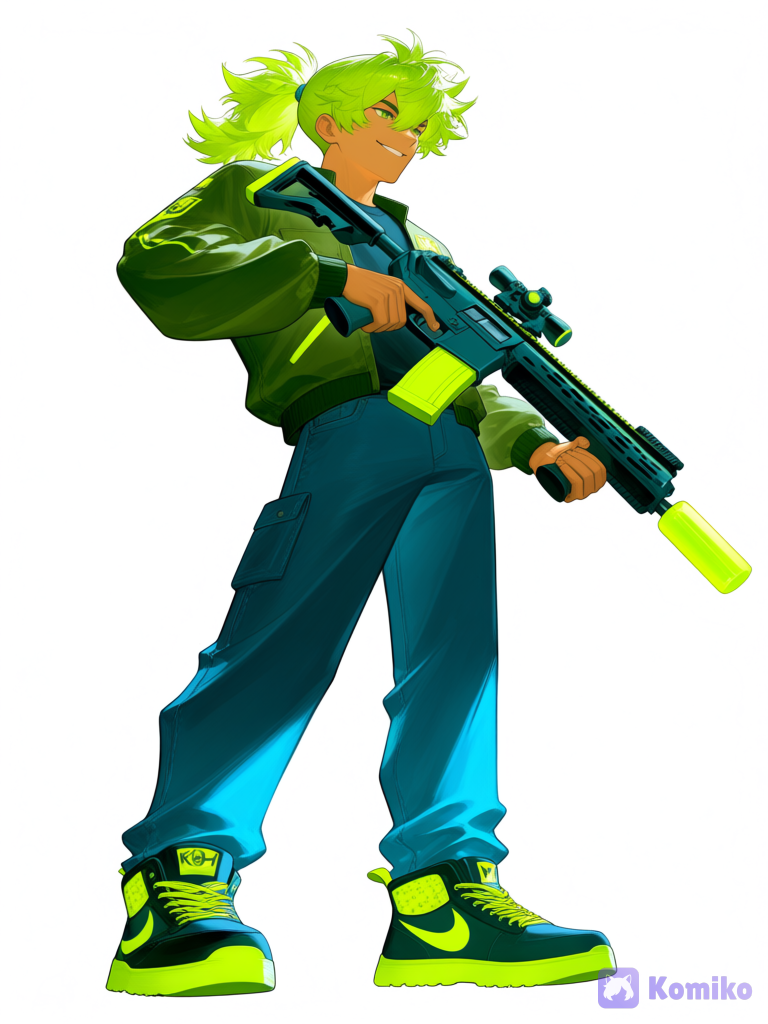 [moody-glow-style], 1boy, teenager, tall, athletic, ponytail, Lime Green hair, green eyes, tan skin, t-shirt, jeans, holding gun, outdoor adventure jacket, high-top sneakers, neon green, white background, from below, medium long shot, smirk