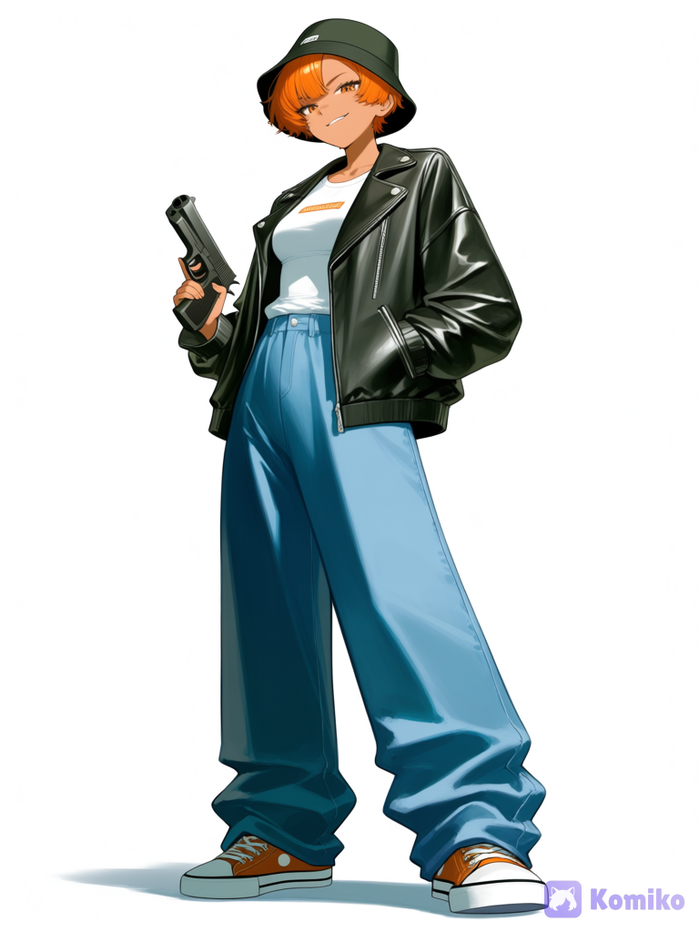 [moody-glow-style], 1GIrl, teenager, tall, athletic, Orange hair, Orange eyes, tan skin, holding gun, high-top sneakers, medium long shot, white background, henley shirt, leather jacket, wide-leg pants, bucket hat, beanie, pixie cut, smirk, from below