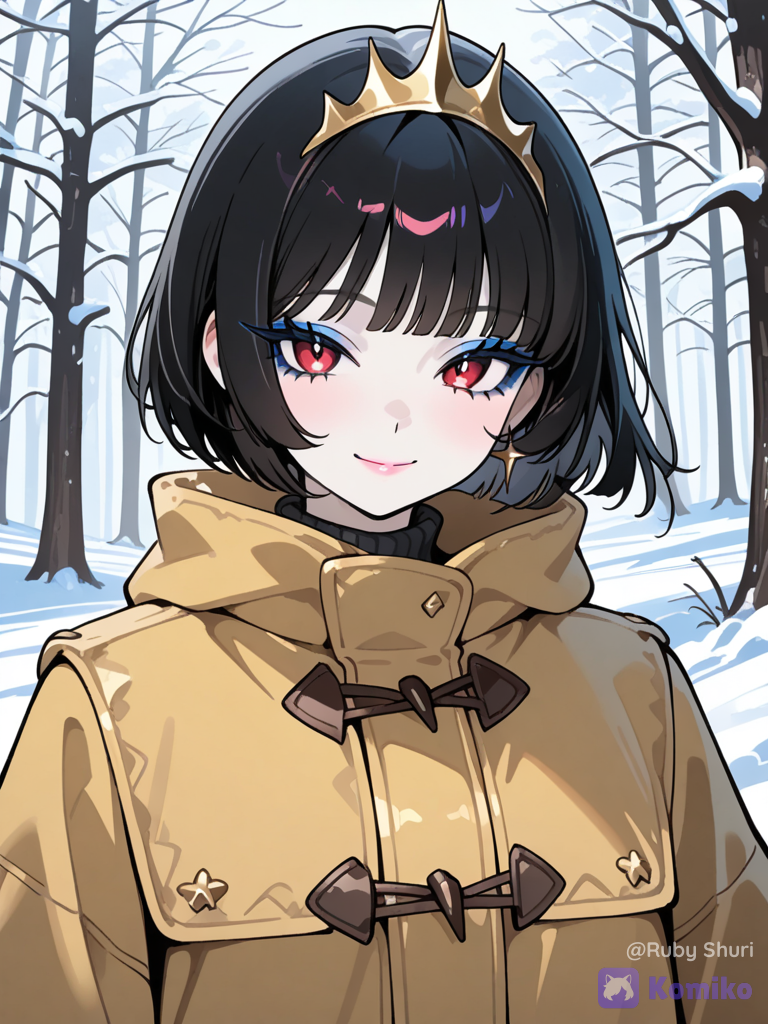 a girl, Skin perfectly white but with slight tan, her black hair short as a bob cut with her red eyes that have long eyelashes and lips pink as a lily, her eyeshadows blue as ice but her smile warm as the sun her background is the forest at winter time. Her clothes Warm and vibrant with minimal colors. She wears a tiara that's made of pure gold.