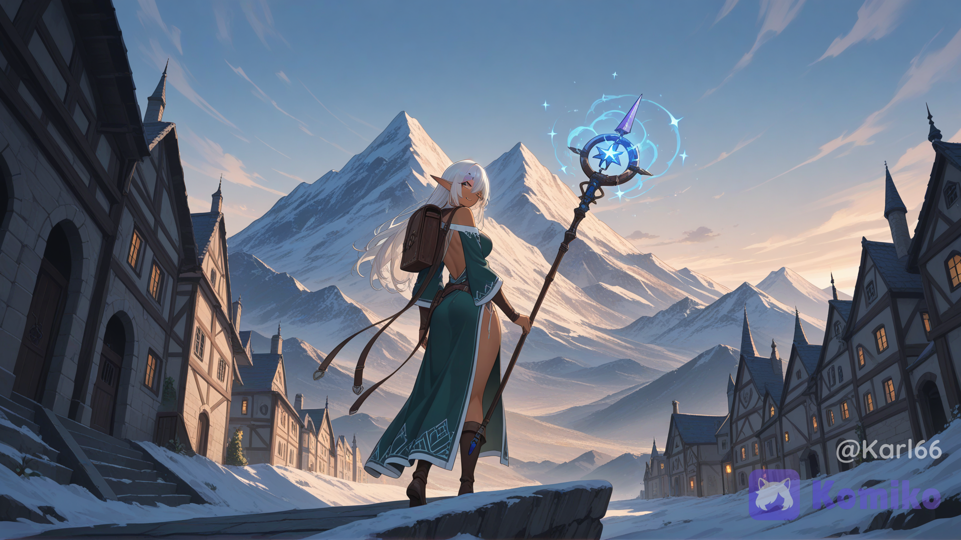 solo character, sexy adventurer high elf tan skin, entrance magic medieval city, seen from behind, she's of the top of the mountain she look huge magic school in the middle, magic stick, elf bag on shoulder, lightblue slitoutfit backless geometrical trim pattern white, magical pentacles around the city, light forest, looking at viewer with a wonderstruck smile, full body, wide shot