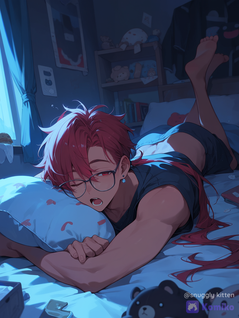 Tan skin, tan guy, male, long hair, long ponytail, low ponytail, red hair, red eyes, glasses, earrings, tired, yawning, pajamas, muscular, shorts, stuffed animal, bed, bedroom