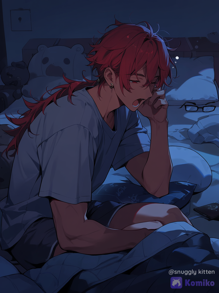 Tan skin, tan guy, male, long hair, long ponytail, low ponytail, red hair, red eyes, glasses, earrings, tired, yawning, pajamas, muscular, shorts, stuffed animal, bed, bedroom, taking off glasses