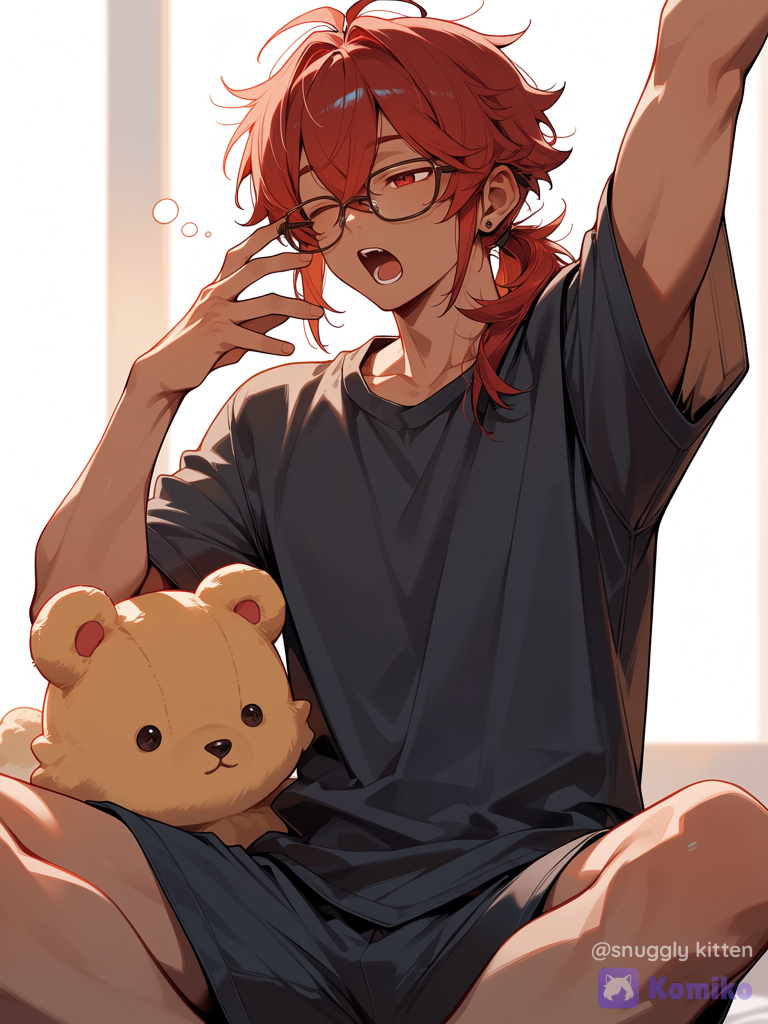 Tan skin, tan guy, male, long hair, long ponytail, low ponytail, red hair, red eyes, glasses, earrings, tired, yawning, pajamas, muscular, stuffed animal, shorts, short sleeves