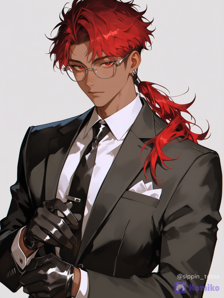 Tan skin, tan guy, male, brown skin, long hair, long ponytail, low ponytail, red hair, red eyes, glasses, earrings, suit, tie, gloves, [high-contrast-manhwa-style]