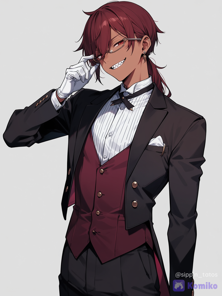 Tan skin, tan guy, tan male, male, long hair, long ponytail, low ponytail, red hair, red eyes, glasses, earrings, kuroshitsuji, slightly muscular