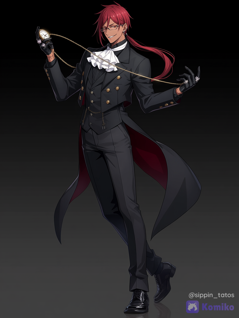 Tan skin, tan guy, tan male, male, long hair, long ponytail, red hair, red eyes, glasses, earrings, kuroshitsuji, gothic, masculine, slightly muscular