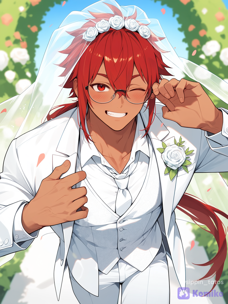 Tan skin, tan guy, tan male, male, long hair, long ponytail, low ponytail, red hair, red eyes, glasses, slightly muscular, masculine, suit, white suit, wedding, veil, white veil, smiling, big smile, blush, one eye closed, winking