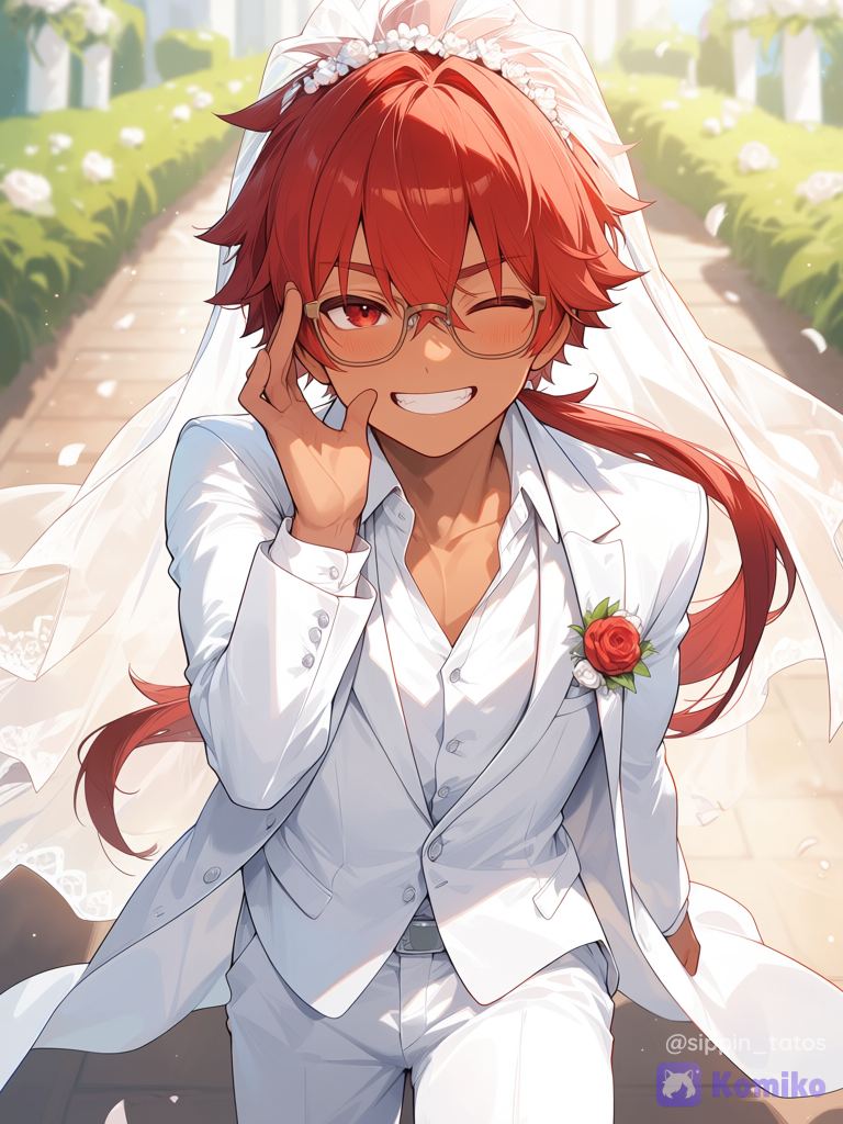 Tan skin, tan guy, tan male, male, long hair, long ponytail, low ponytail, red hair, red eyes, glasses, slightly muscular, masculine, suit, white suit, wedding, veil, white veil, smiling, big smile, blush, one eye closed, winking
