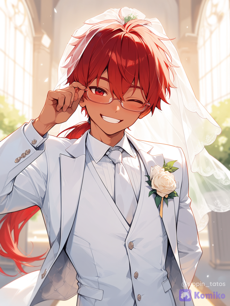 Tan skin, tan guy, tan male, male, long hair, long ponytail, low ponytail, red hair, red eyes, glasses, slightly muscular, masculine, suit, white suit, wedding, veil, white veil, smiling, big smile, blush, one eye closed, winking, @tato-JN91