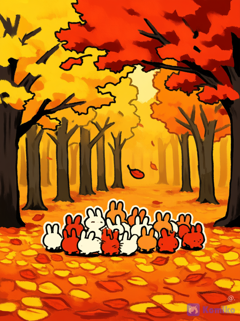 Conejito inspirado en las hojas de otoño anaranjado y rojo con bordes blancos, pinceladas gruesas notorias, cien de estos conejos remplazan las hojas de un árbol, colores buenos, [thick-outline-style]