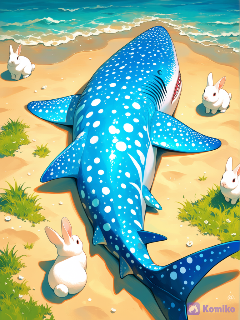 (paleta de colores vibrantes hermosos) Conejito blanco inpirado en tiburón ballena, recostada sobre la playa con otros conejito, crecimie de césped en la playa, estilo de arte Minecraft realista y detallado, [sweet-painting-style]