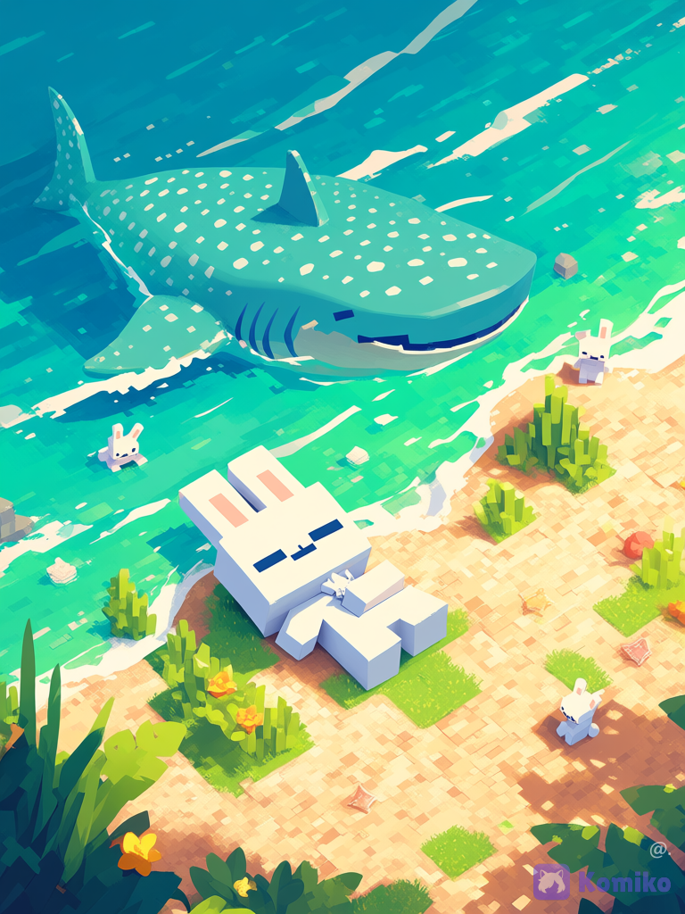 (paleta de colores vibrantes hermosos) Conejito blanco inpirado en tiburón ballena, recostada sobre la playa con otros conejito, crecimie de césped en la playa, estilo de arte Minecraft+detallado y textura