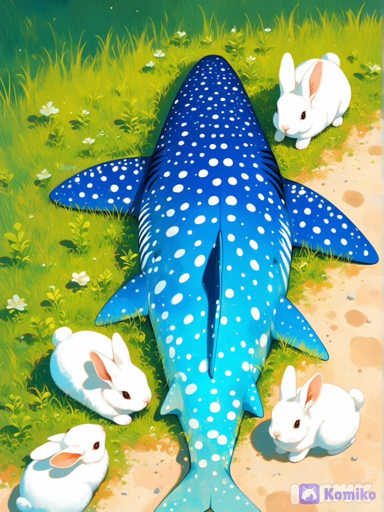 (paleta de colores vibrantes hermosos) Conejito blanco inpirado en tiburón ballena, recostada sobre la playa con otros conejito, crecimie de césped en la playa, estilo de arte Minecraft+detallado y textura, [sweet-painting-style]