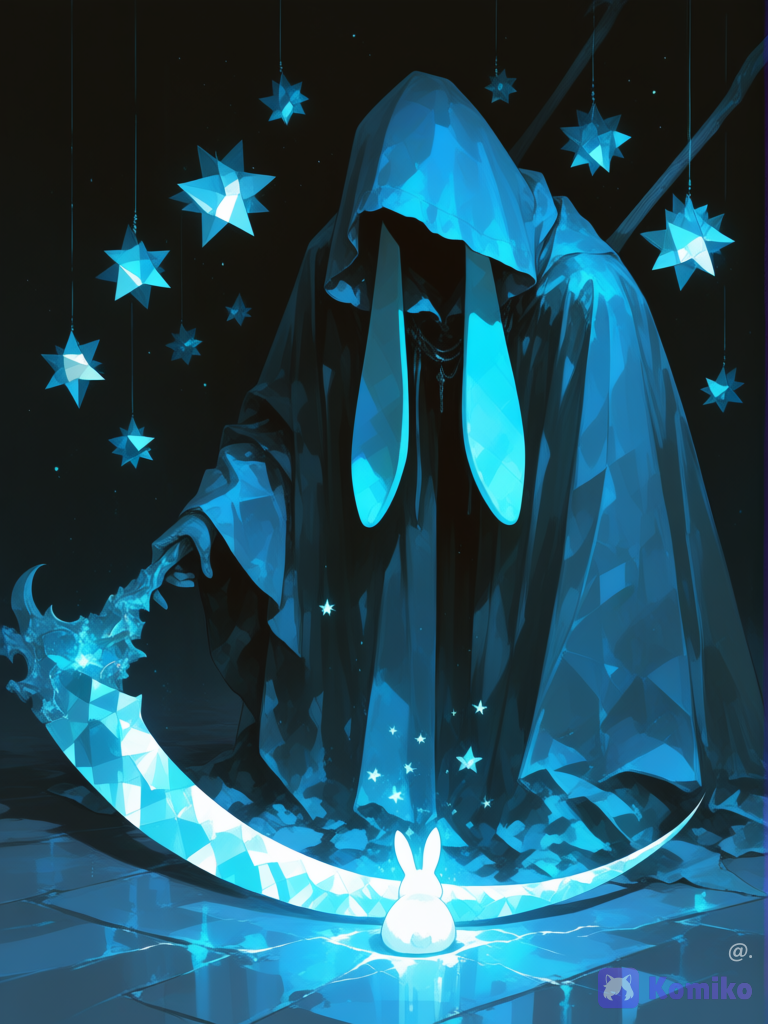 Paleta de colores escasos solo gris y azul claro, las estrellas pierden su brillo el segadora calor de un conejo mágico y misterioso tuerce la ilustración a polígonos asiendo una forma abstracta, el conejo tiene la ropa de la parca sin perder la apariencia de conejito, orejas grandes largas anchas, sus orejas están caídas[sensual-glossy-style]