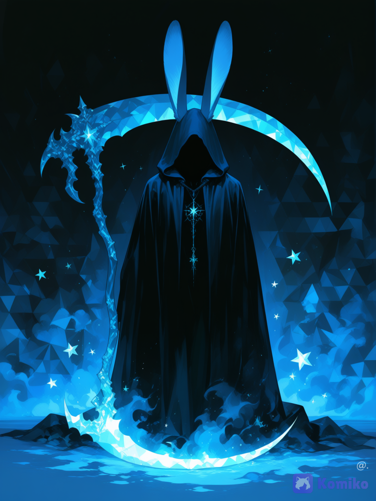 Paleta de colores escasos solo gris y azul claro, las estrellas pierden su brillo el segadora calor de un conejo mágico y misterioso tuerce la ilustración a polígonos asiendo una forma abstracta, el conejo tiene la ropa de la parca sin perder la apariencia de conejito, orejas grandes largas anchas, sus orejas están caídas[sensual-glossy-style]