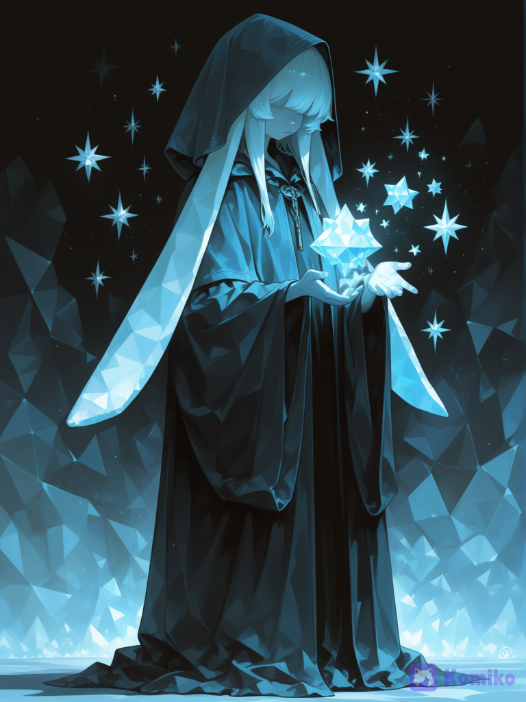Paleta de colores escasos solo gris y azul claro, las estrellas pierden su brillo el segadora calor de un conejo mágico y misterioso tuerce la ilustración a polígonos asiendo una forma abstracta, el conejo tiene la ropa de la parca sin perder la apariencia de conejito, orejas grandes largas anchas, sus orejas están caídas[sensual-glossy-style]